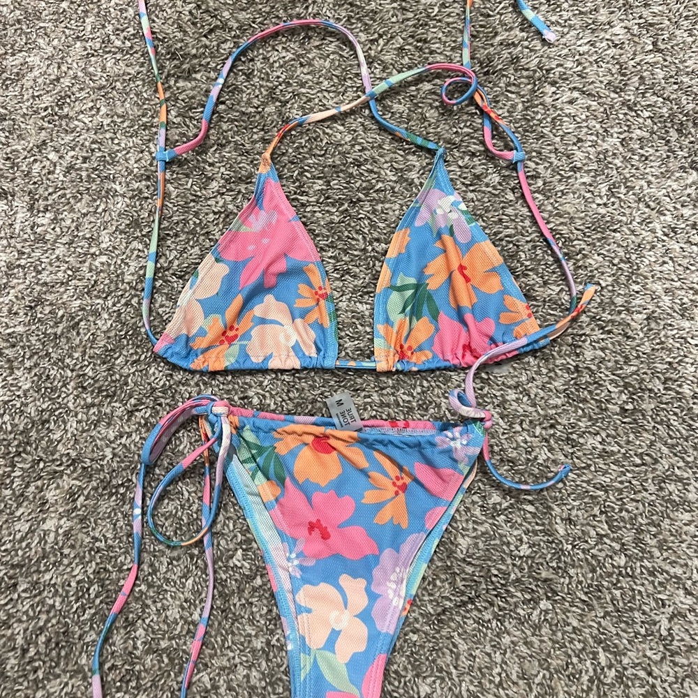 Love Tree Blue Floral Triangle Bikini Top with Pink & Orange Accents